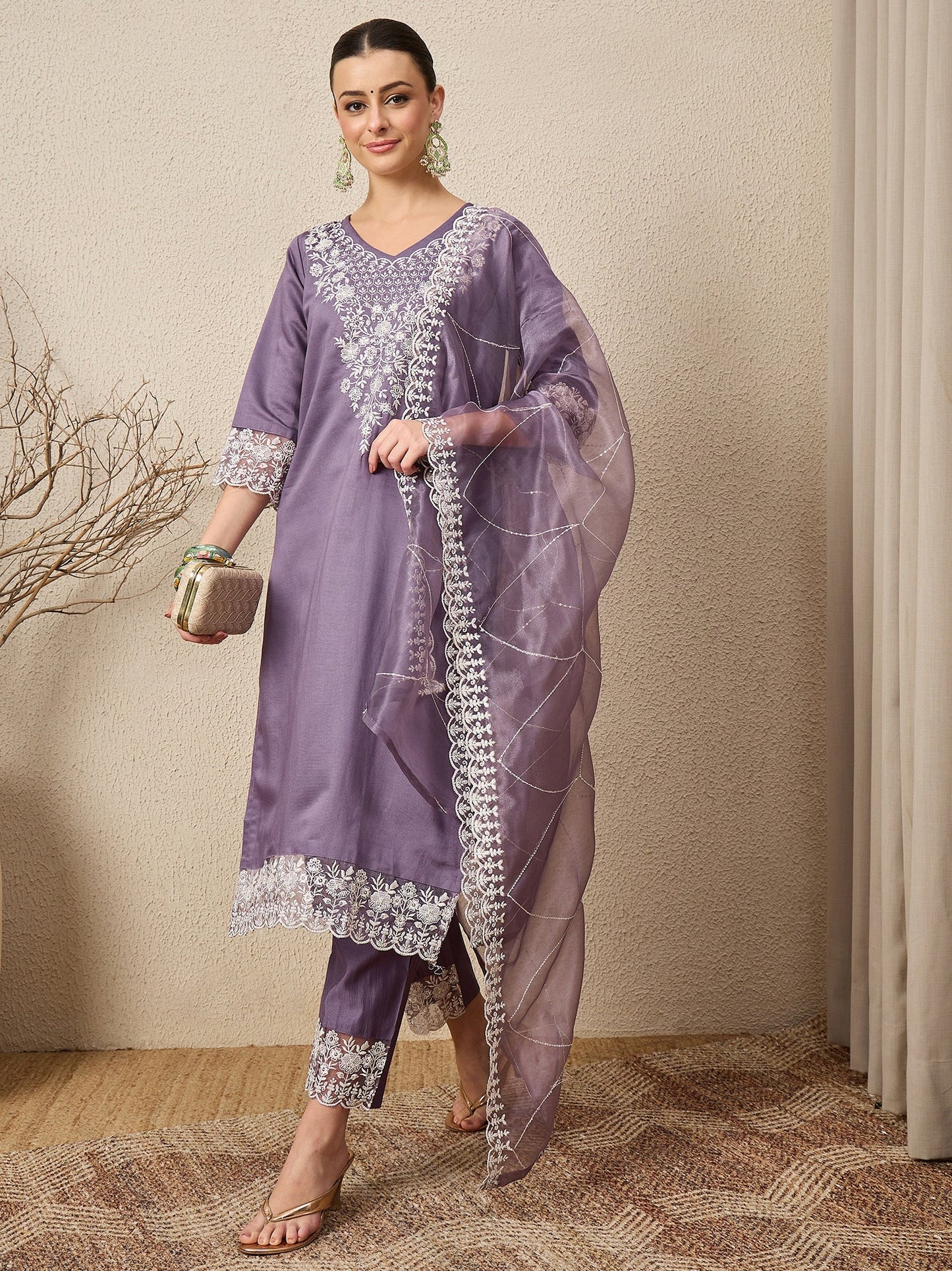 Saanjh Mauve Silk Blend Calf Length Embroidered Straight Suit Set - FitVibe Fashion
