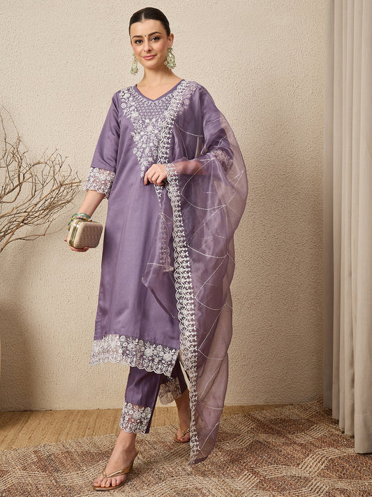 Saanjh Mauve Silk Blend Calf Length Embroidered Straight Suit Set - FitVibe Fashion