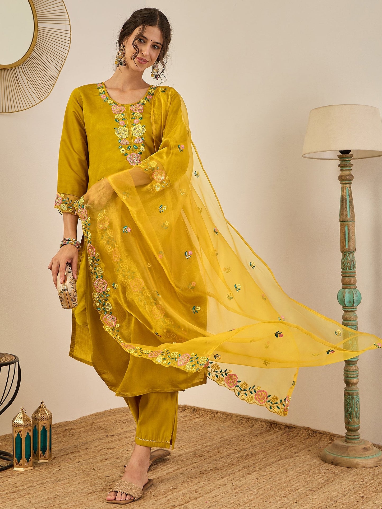 Ishita Women's Embroidered Viscose Roman Silk Kurta Pant Set with Organza Dupatta Elegant Lightweight Ethnic Wear - FitVibe Fashion