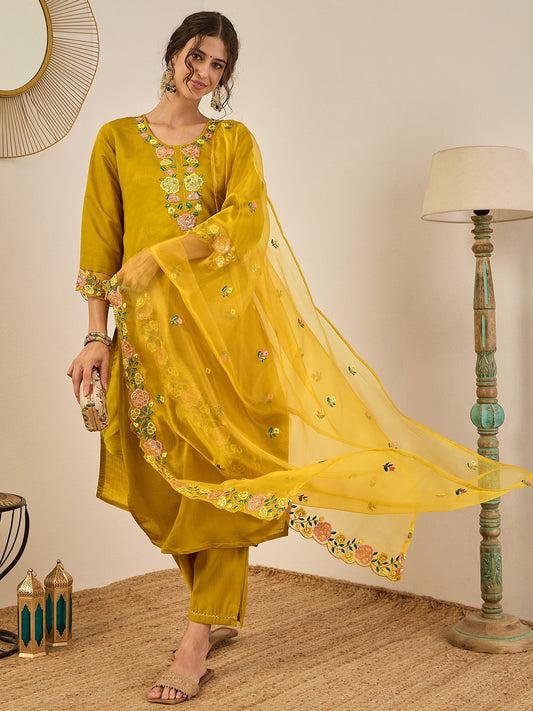 Ishita Women's Embroidered Viscose Roman Silk Kurta Pant Set with Organza Dupatta Elegant Lightweight Ethnic Wear - FitVibe Fashion