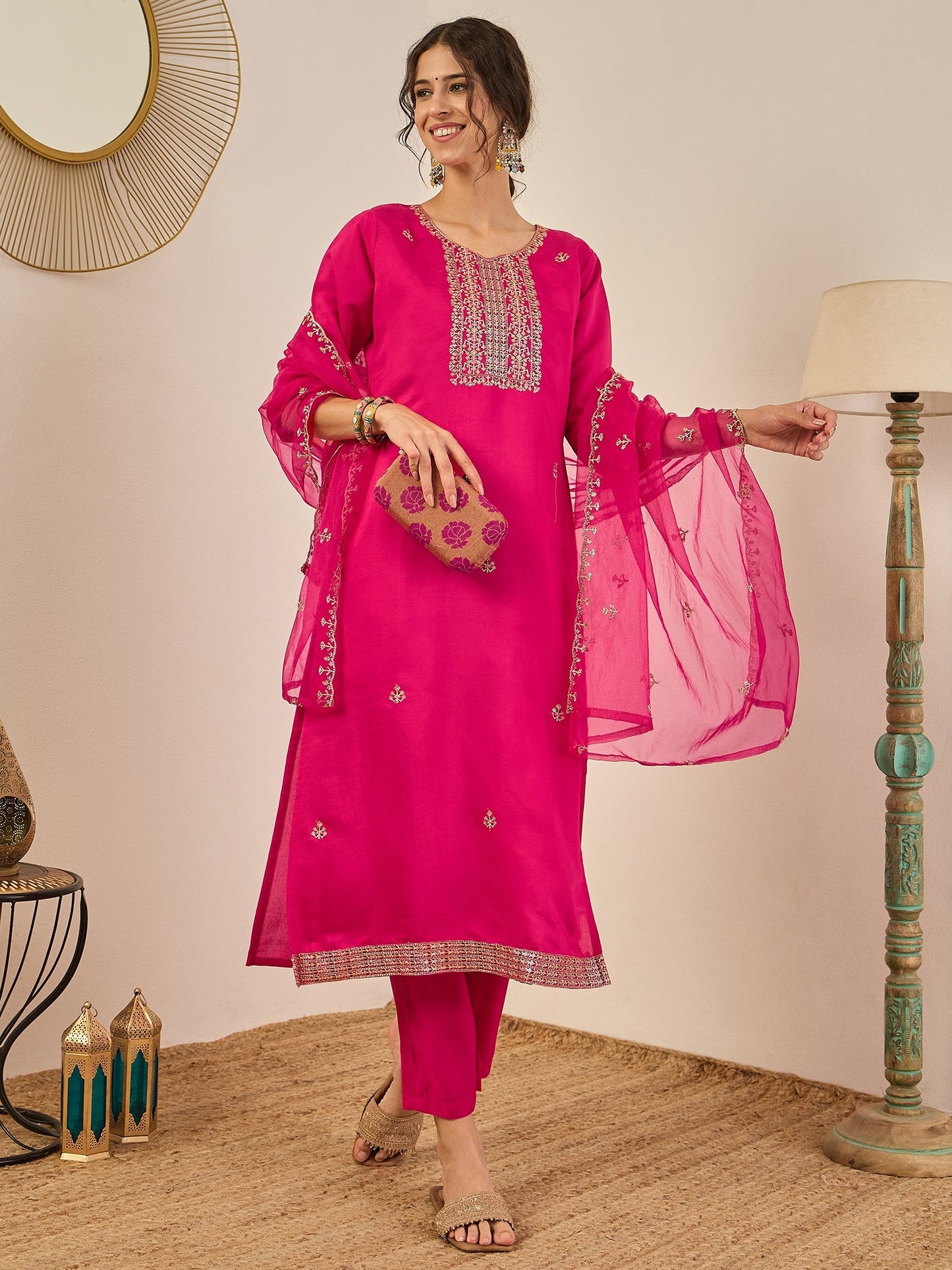 Vedhika Women's Embroidered Silk Blend Calf Length Straight Kurta Trouser with Dupatta Set - FitVibe Fashion