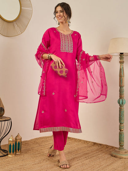 Vedhika Women's Embroidered Silk Blend Calf Length Straight Kurta Trouser with Dupatta Set - FitVibe Fashion