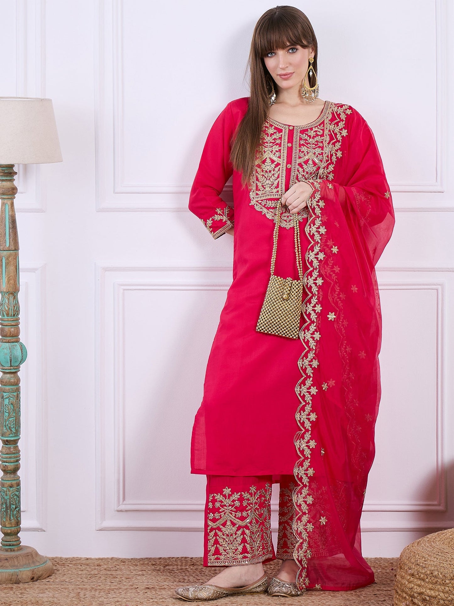 Heer Pink Floral Embroidered Thread Work Kurta with Palazzo & Dupatta Suits - FitVibe Fashion
