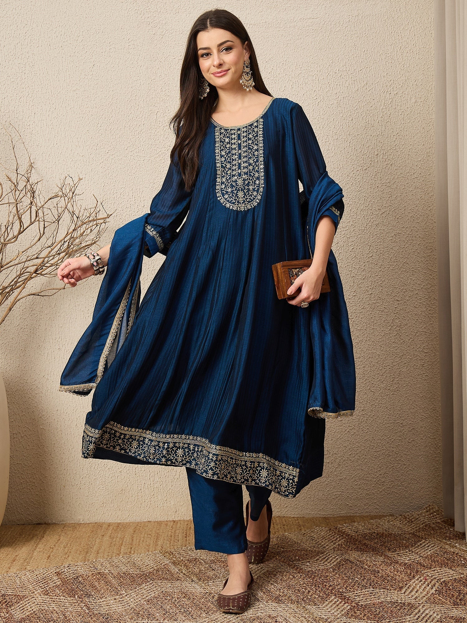 Shagun Teal Embroidered Silk Blend Anarkali Kurta Pant With Dupatta Set - FitVibe Fashion