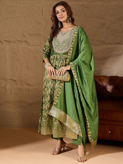 Saiyaara Mehndi Cotton Silk Embellished Flared Suit Set - FitVibe Fashion