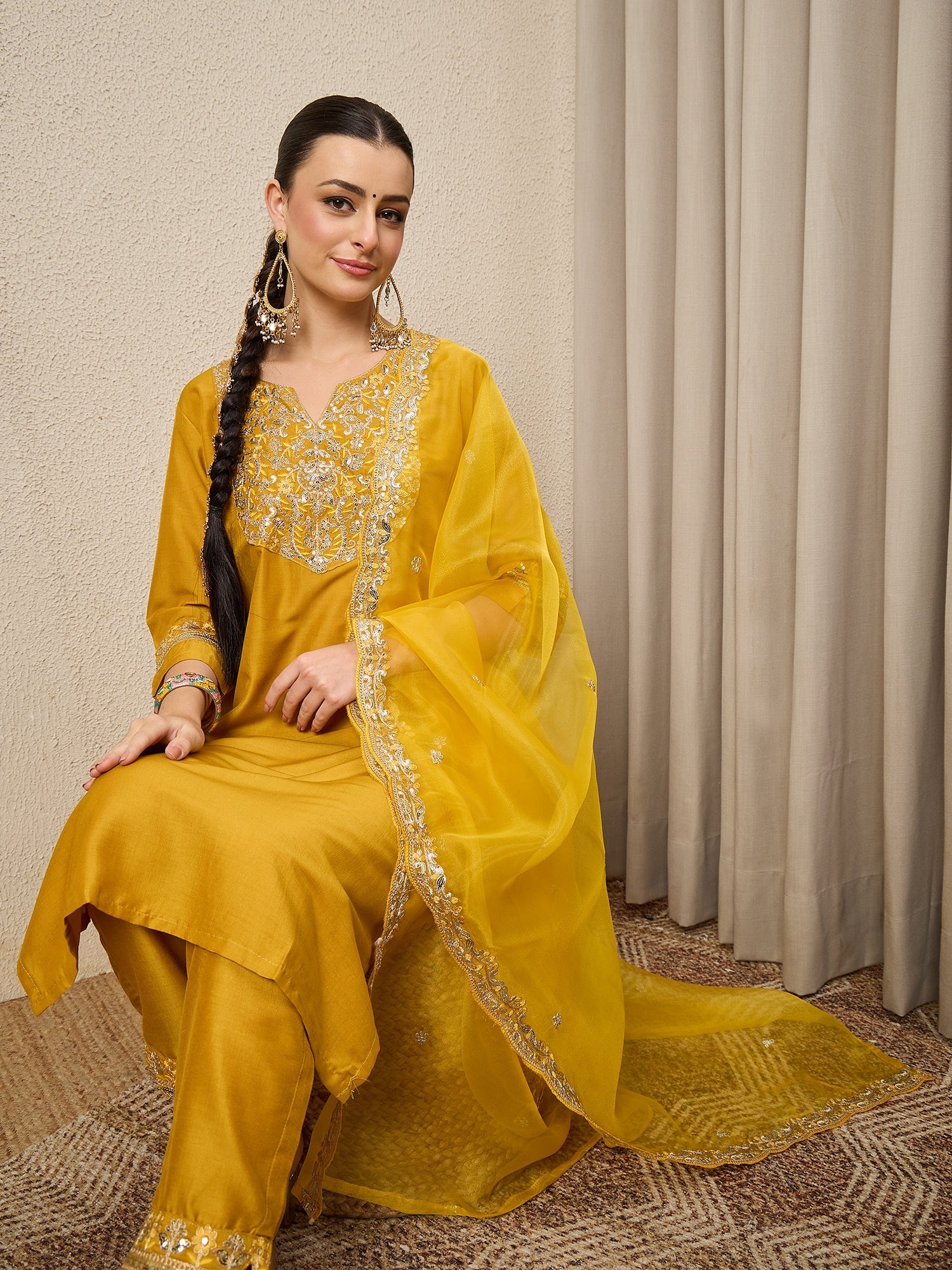 Riwaayat Yellow Yoke Design Silk Blend Straight Suit With Dupatta - FitVibe Fashion