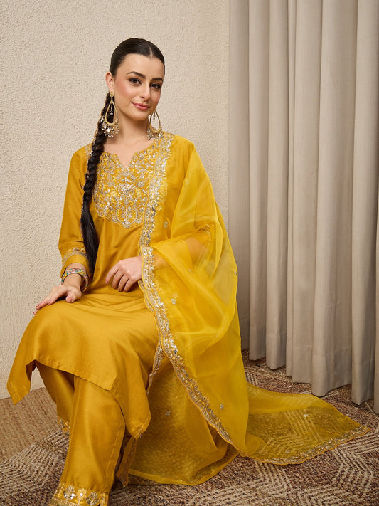 Riwaayat Yellow Yoke Design Silk Blend Straight Suit With Dupatta - FitVibe Fashion