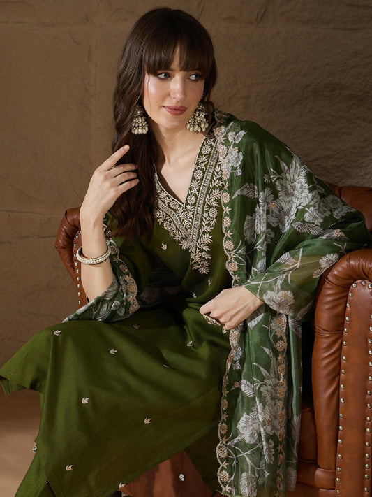 Chitra Charm Mehndi Yoke Design Silk Blend Straight Suit With Dupatta - FitVibe Fashion