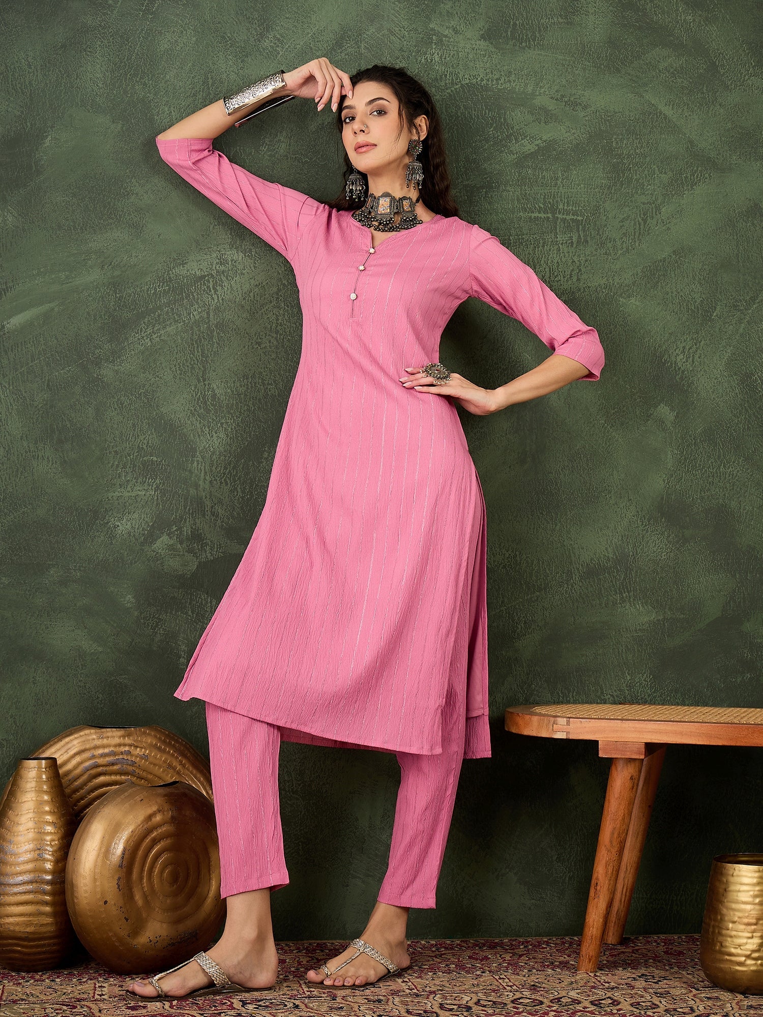 Samara Women's Office, Festive Wear Pink Straight Kurta & Pant, Co-ord Set - FitVibe Fashion