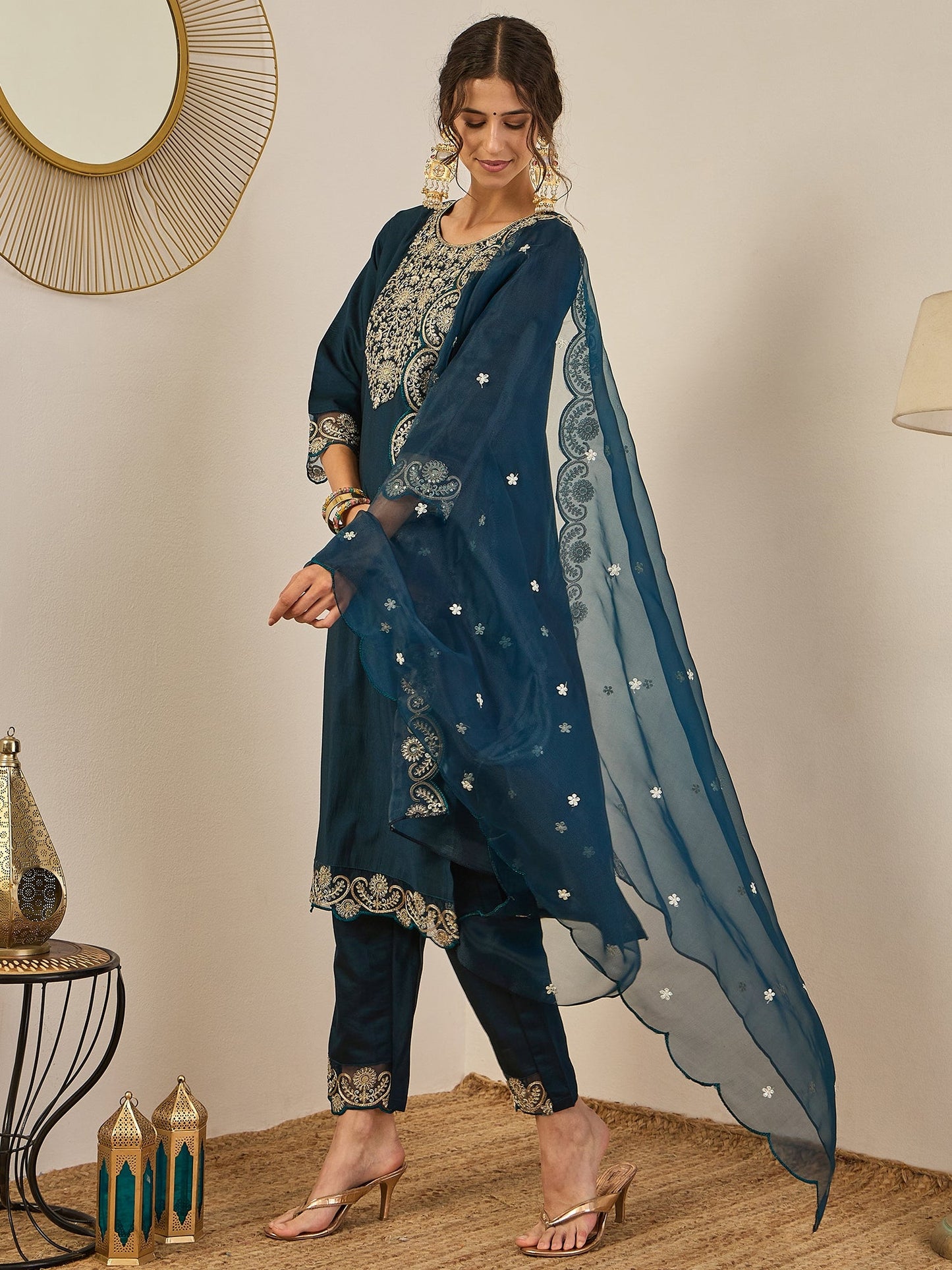 Sugandh Women’s Designer Embroidered Kurta Set – Festive Ethnic Wear with Organza Dupatta - FitVibe Fashion