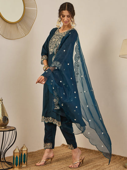 Sugandh Women’s Designer Embroidered Kurta Set – Festive Ethnic Wear with Organza Dupatta - FitVibe Fashion