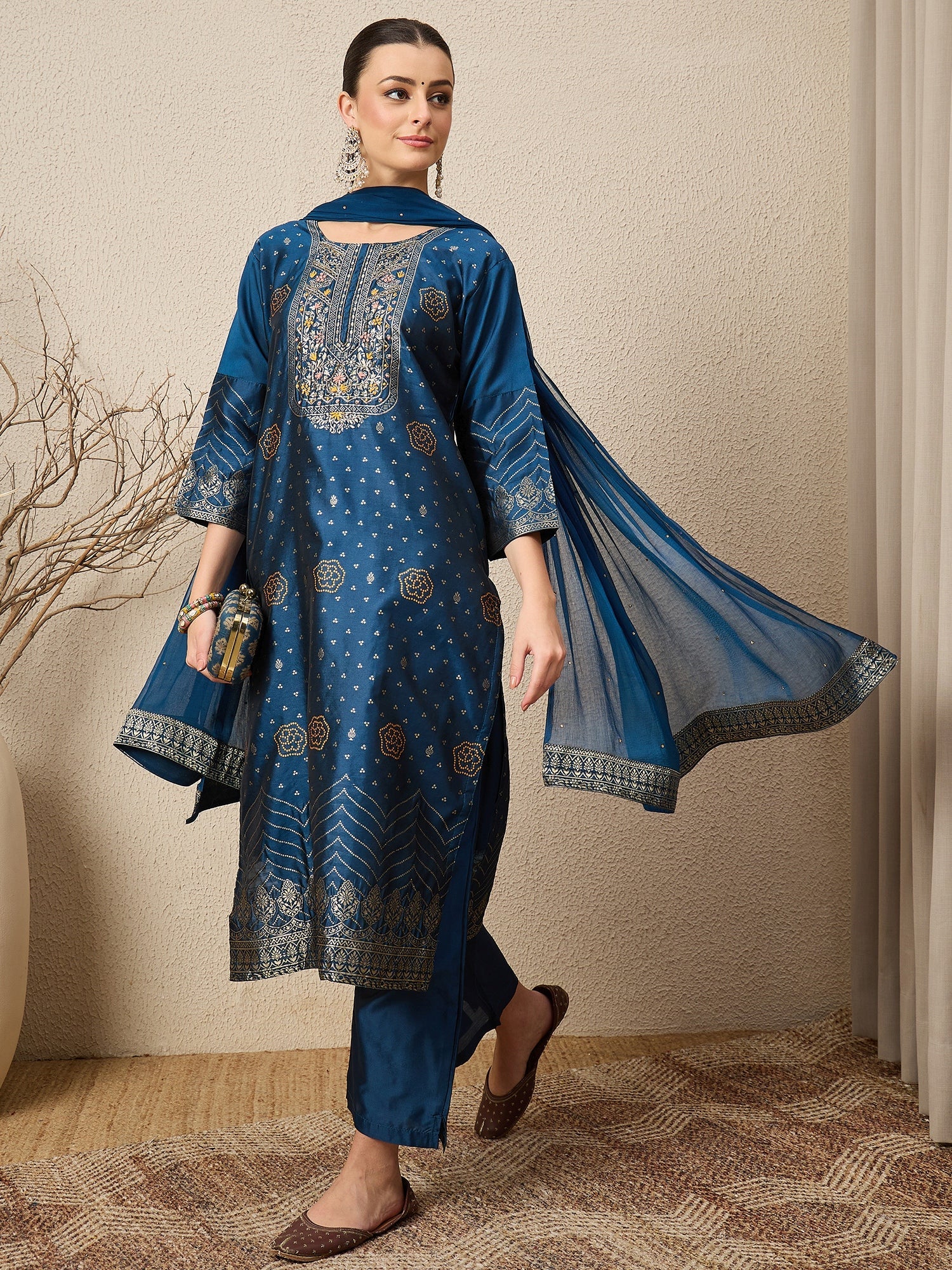 Gulzaar N-blue Women Cotton Silk Blend Straight Suit Set with Handwork - FitVibe Fashion