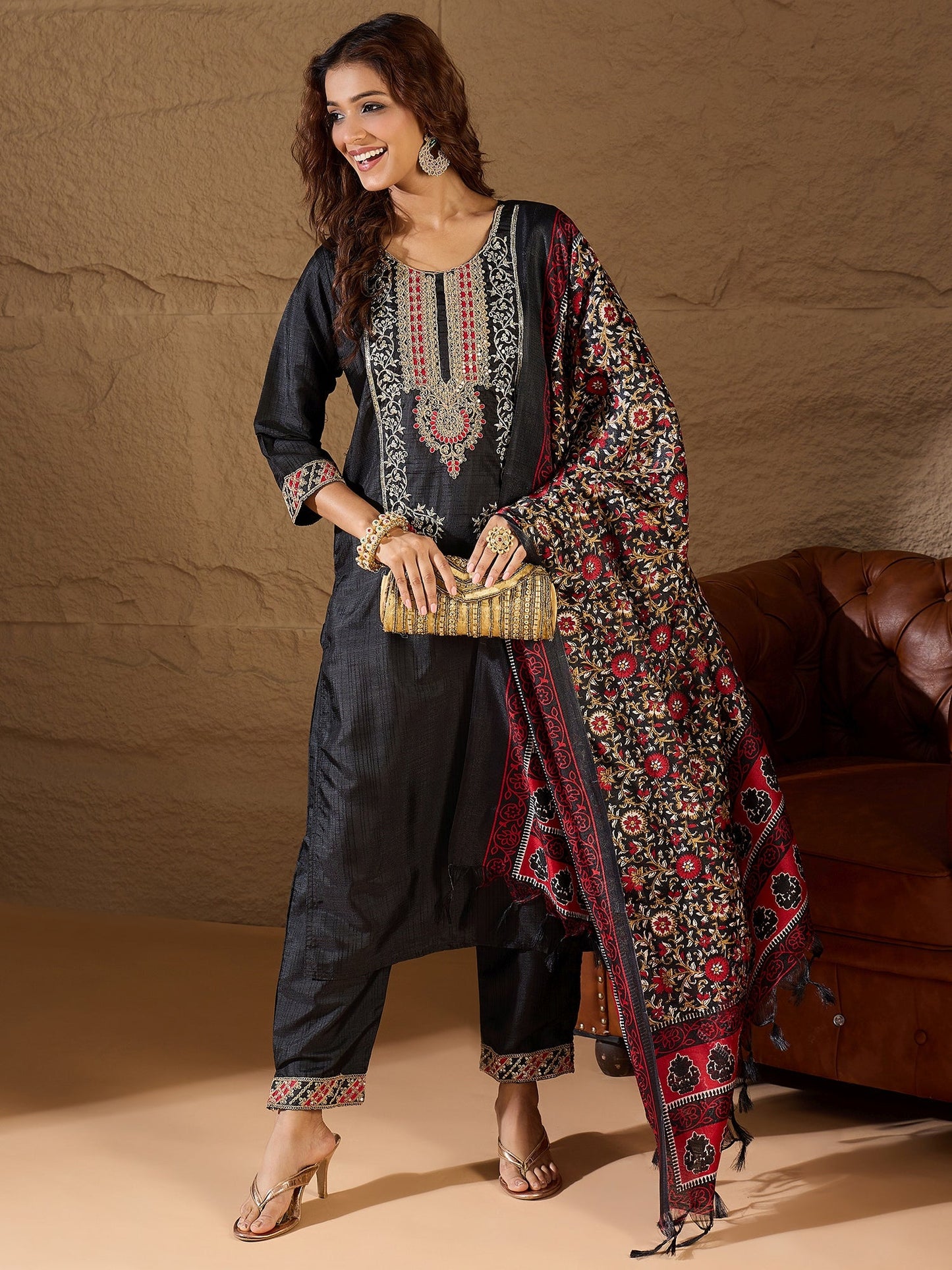 Devira Embroidered Silk Blend Calf Length Straight Kurta Trouser with Dupatta Set - FitVibe Fashion
