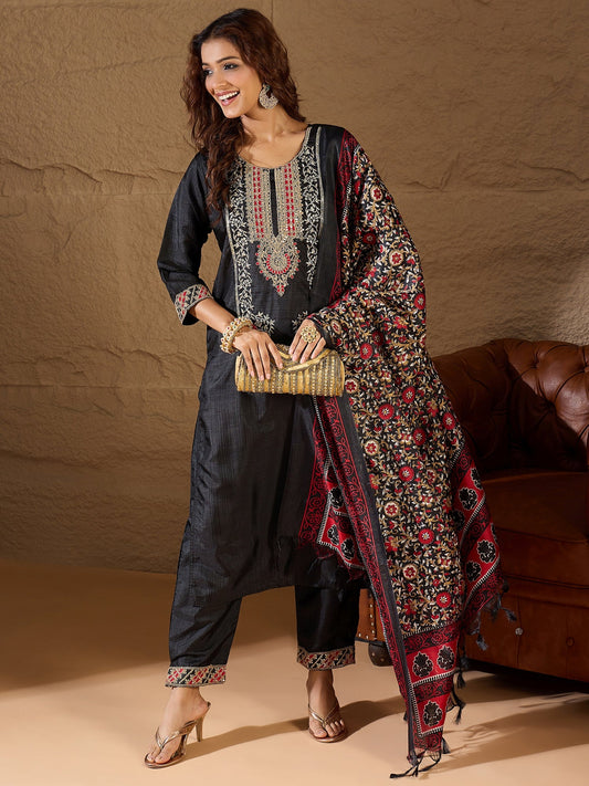 Devira Embroidered Silk Blend Calf Length Straight Kurta Trouser with Dupatta Set - FitVibe Fashion