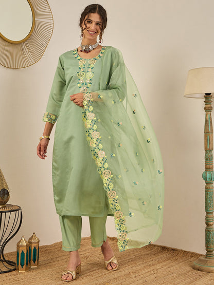 Shailee Women's Embroidered Viscose Roman Silk Kurta Pant Set with Organza Dupatta Elegant Lightweight Ethnic Wear - FitVibe Fashion