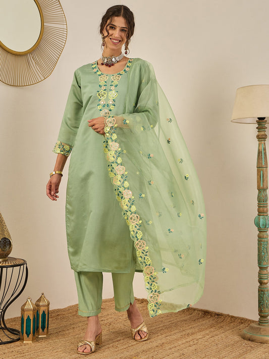 Shailee Women's Embroidered Viscose Roman Silk Kurta Pant Set with Organza Dupatta Elegant Lightweight Ethnic Wear - FitVibe Fashion