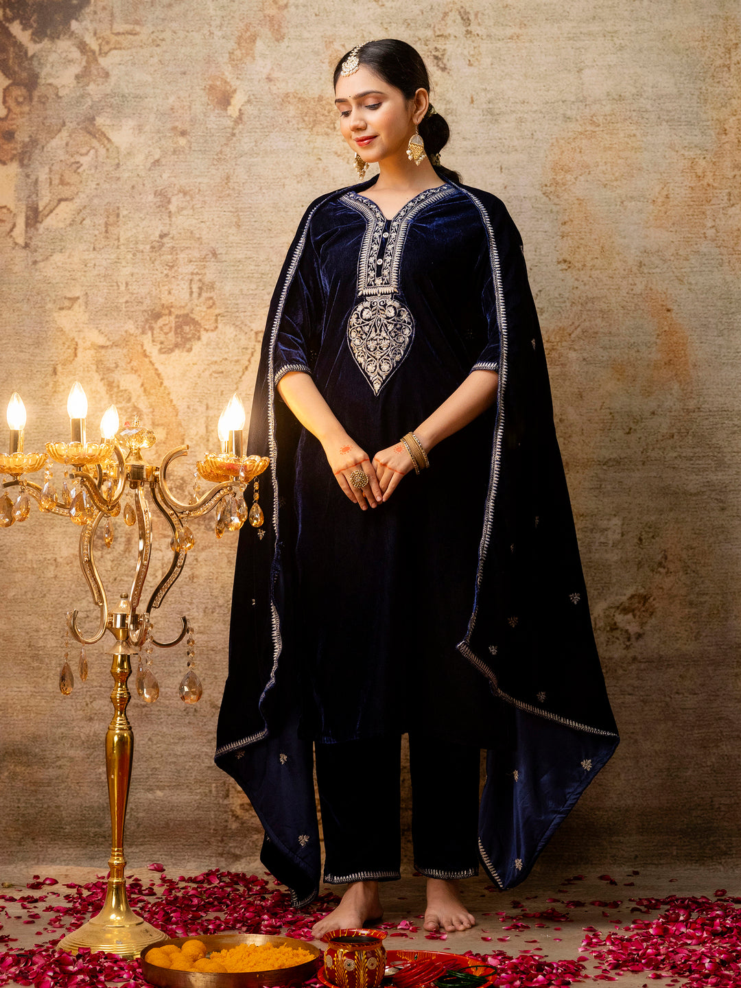 Women Velvet Kurta Pant Dupatta Set - FitVibe Fashion