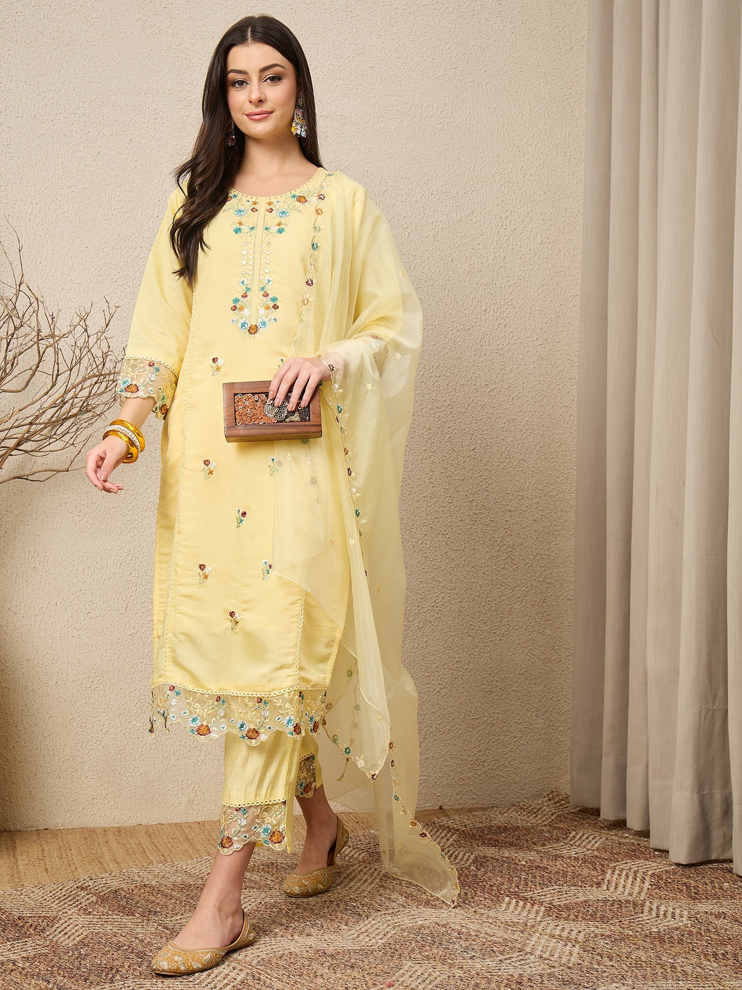 Panetar Yellow Women Silk Blend Kurta and Trousers Pant Set - FitVibe Fashion