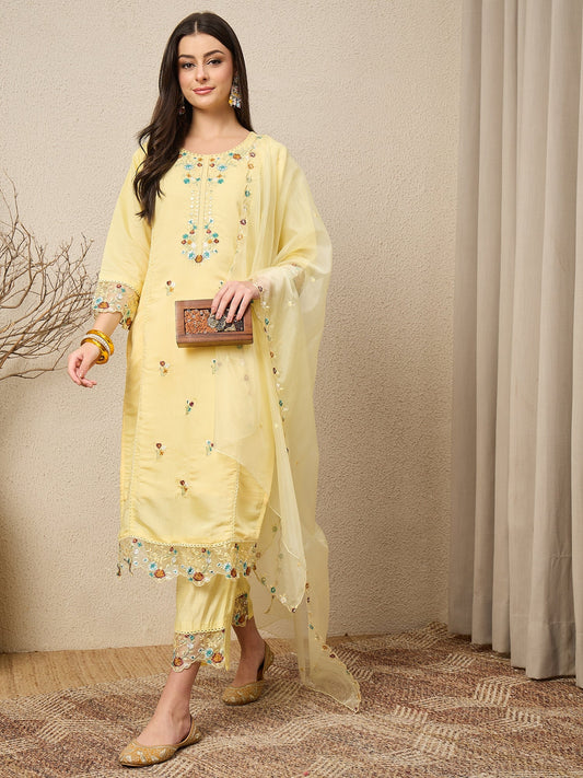Panetar Yellow Women Silk Blend Kurta and Trousers Pant Set - FitVibe Fashion