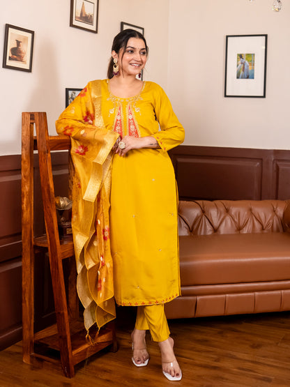 Lavanya Yellow Silk Blend Kurta Set with Beaded Embroidered Design & Organza Dupatta - FitVibe Fashion