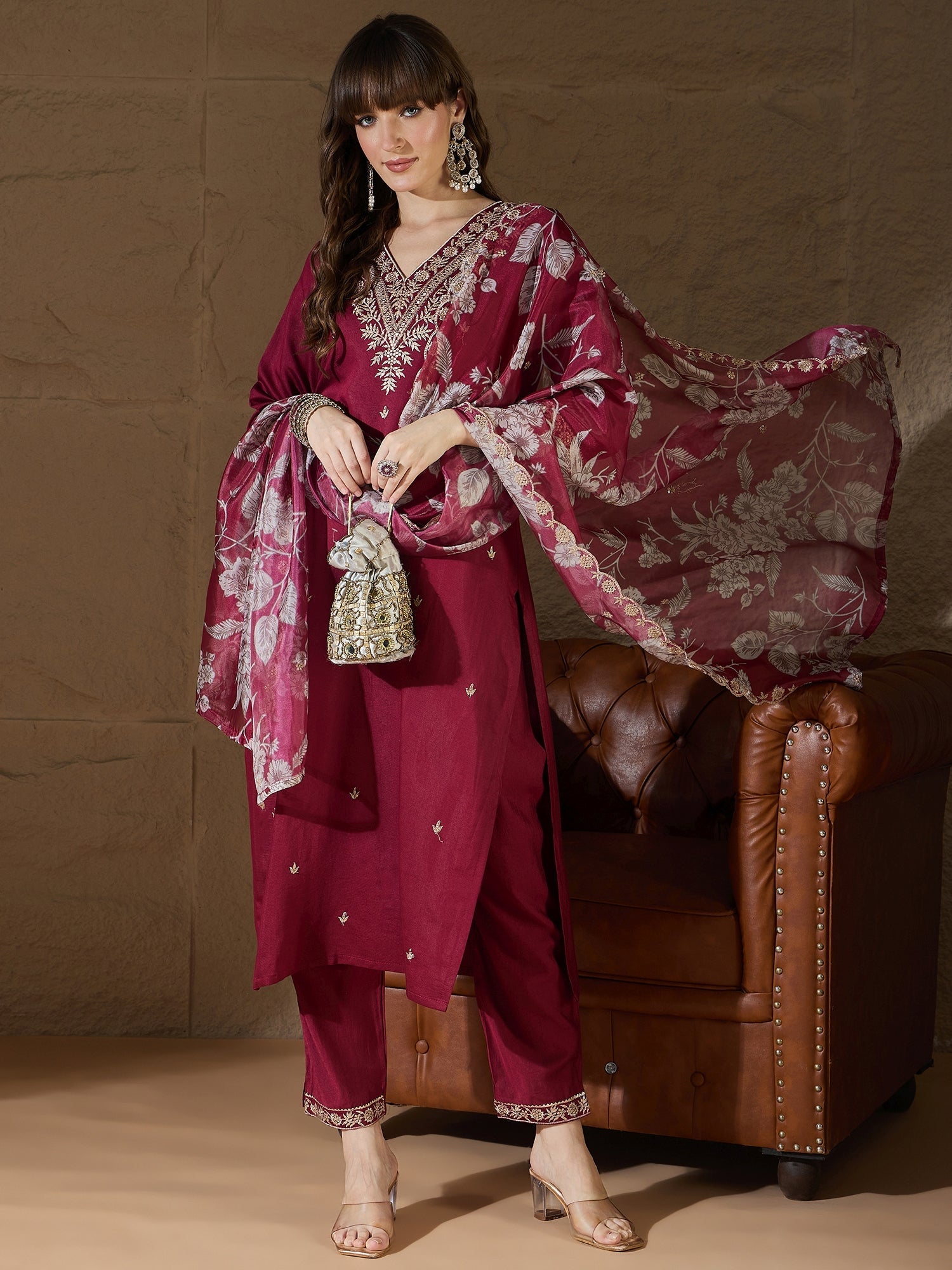 Chitra Charm Maroon Yoke Design Silk Blend Straight Suit With Dupatta - FitVibe Fashion