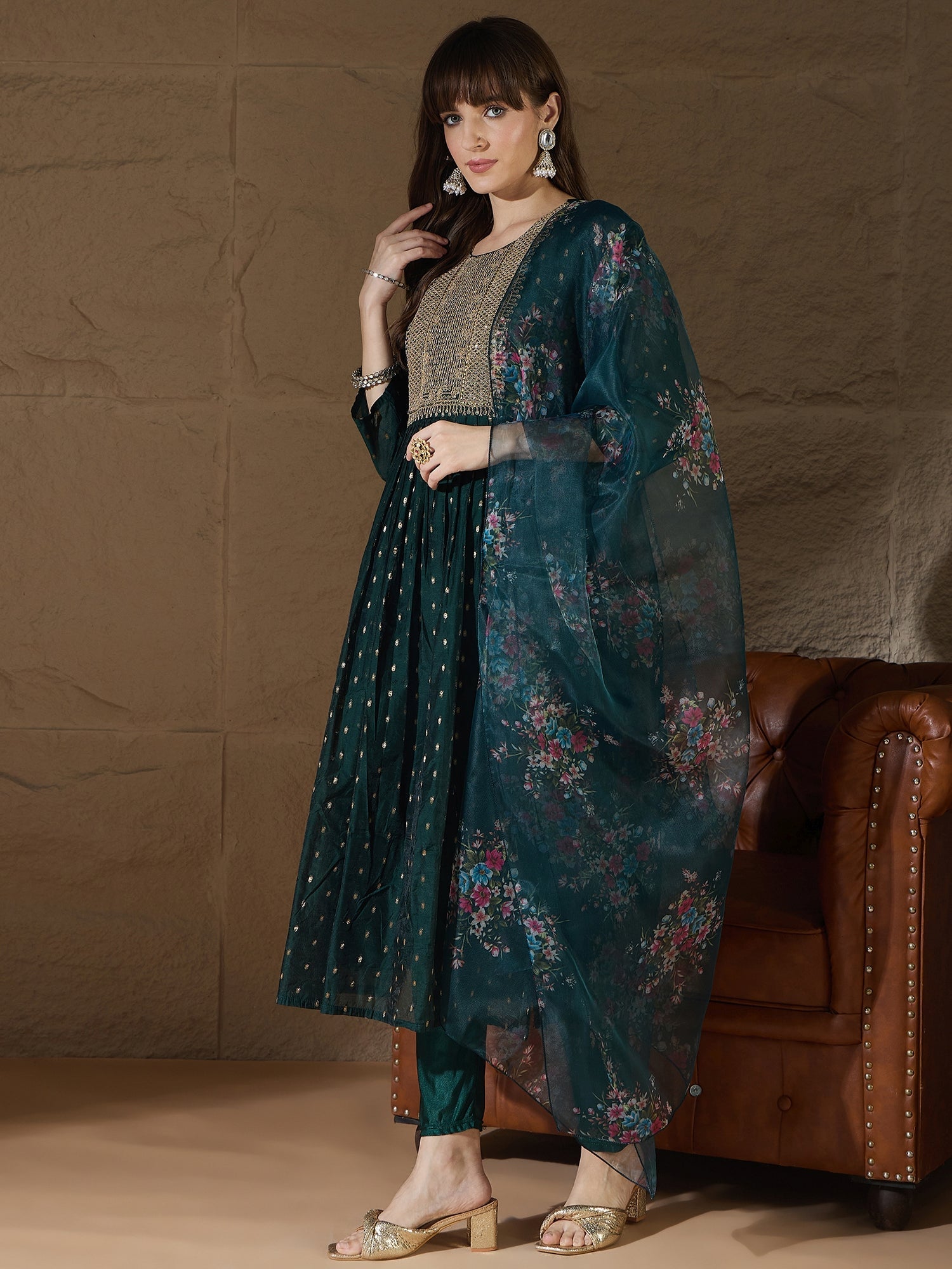 Neelangi Green Women Kurta and Leggings Duppata Set Chanderi Modal Butti - FitVibe Fashion