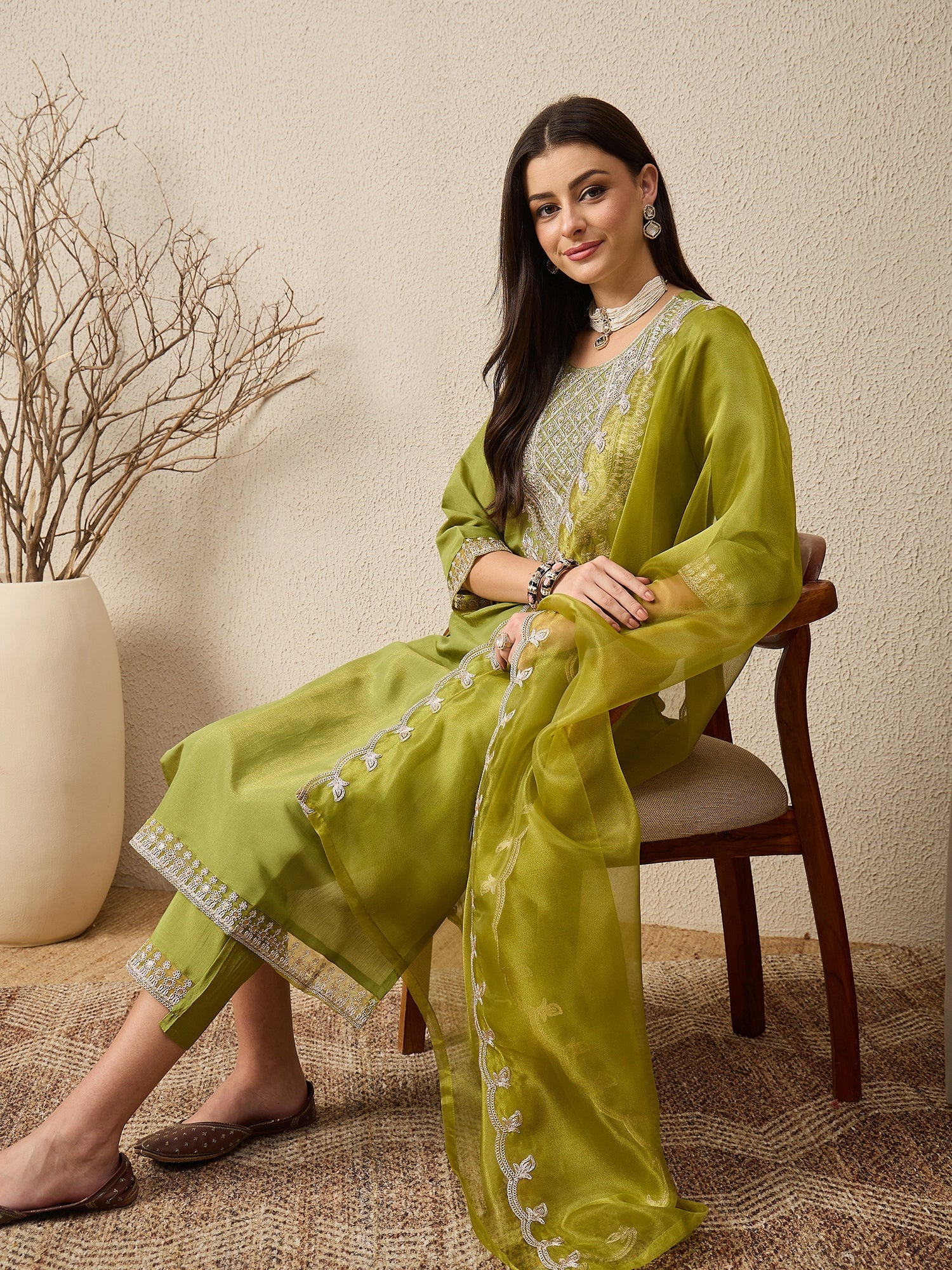 Saheli Pista Silk Blend Calf Length Embroidered Straight Suit Set - FitVibe Fashion