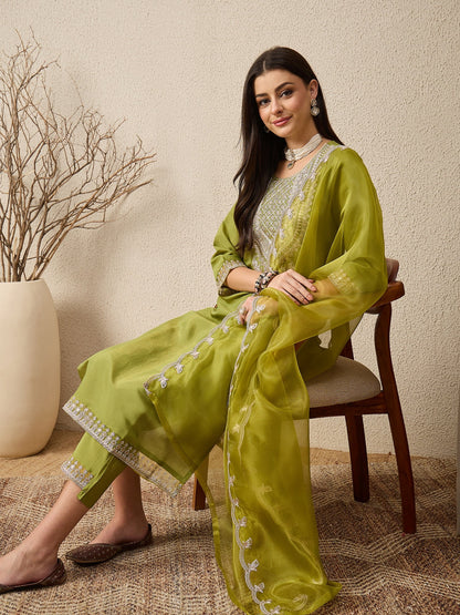 Saheli Pista Silk Blend Calf Length Embroidered Straight Suit Set - FitVibe Fashion