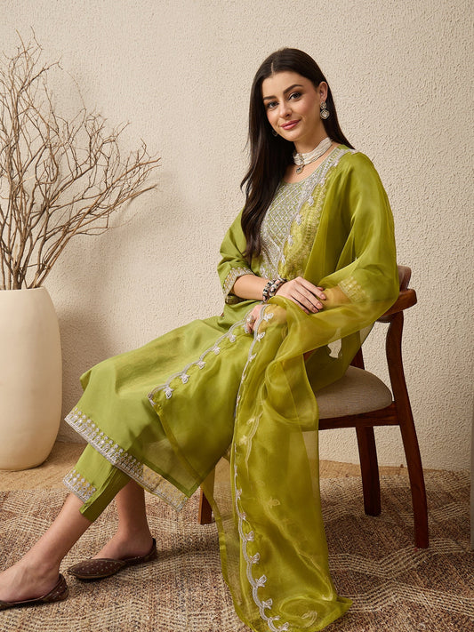 Saheli Pista Silk Blend Calf Length Embroidered Straight Suit Set - FitVibe Fashion