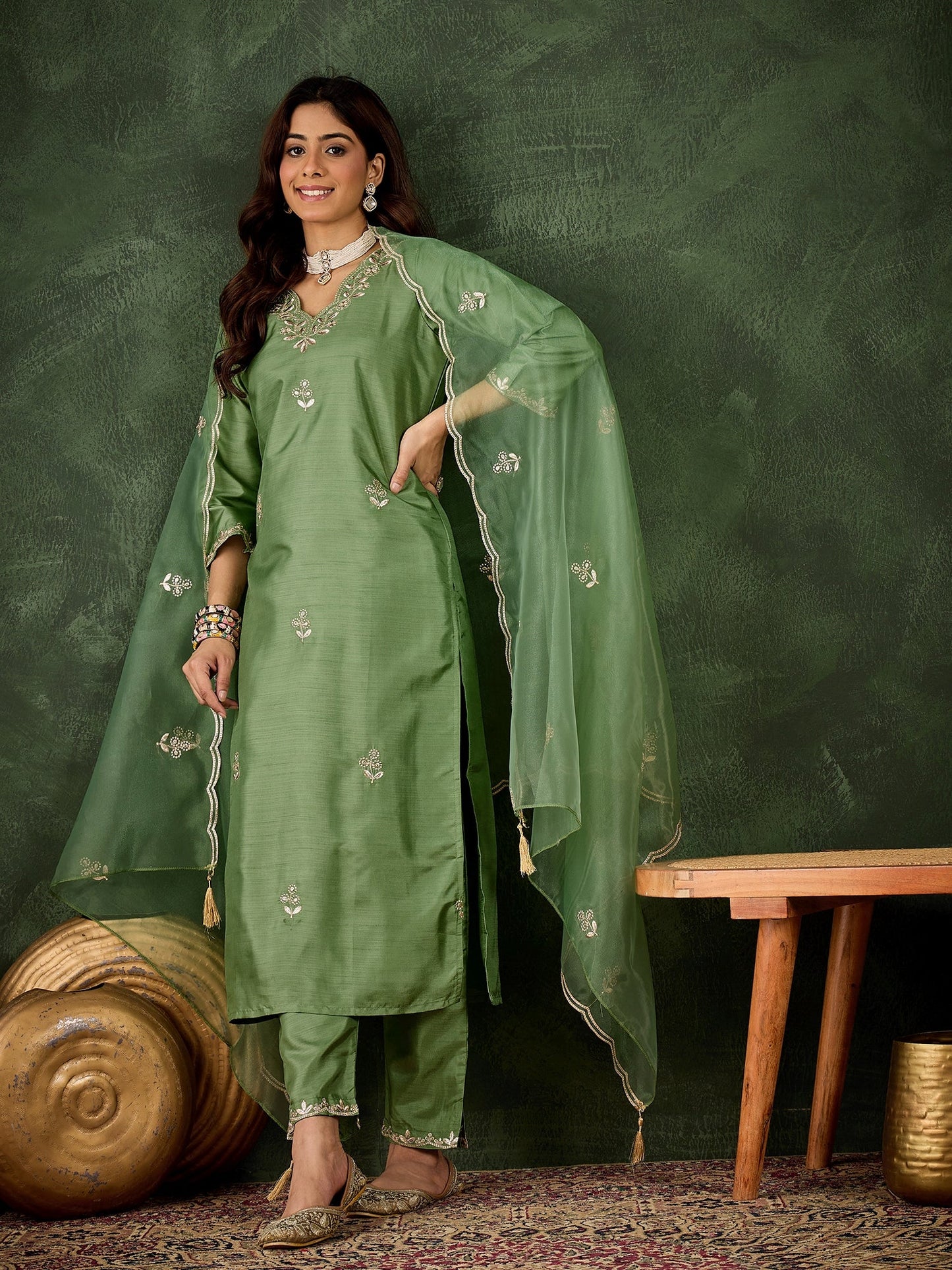 Riwaayat Women Kurta and Pant Dupatta Sets Silk Blend Fabrics with Embroidery - FitVibe Fashion