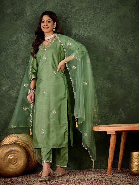 Riwaayat Women Kurta and Pant Dupatta Sets Silk Blend Fabrics with Embroidery - FitVibe Fashion
