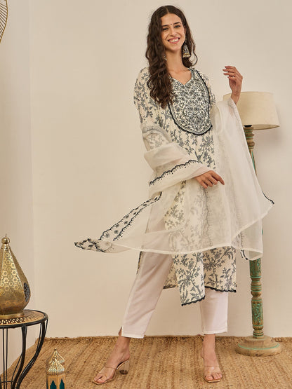 Keerthy Cream Embroidered Straight Printed Kurta Pant Set with Organza Dupatta - FitVibe Fashion