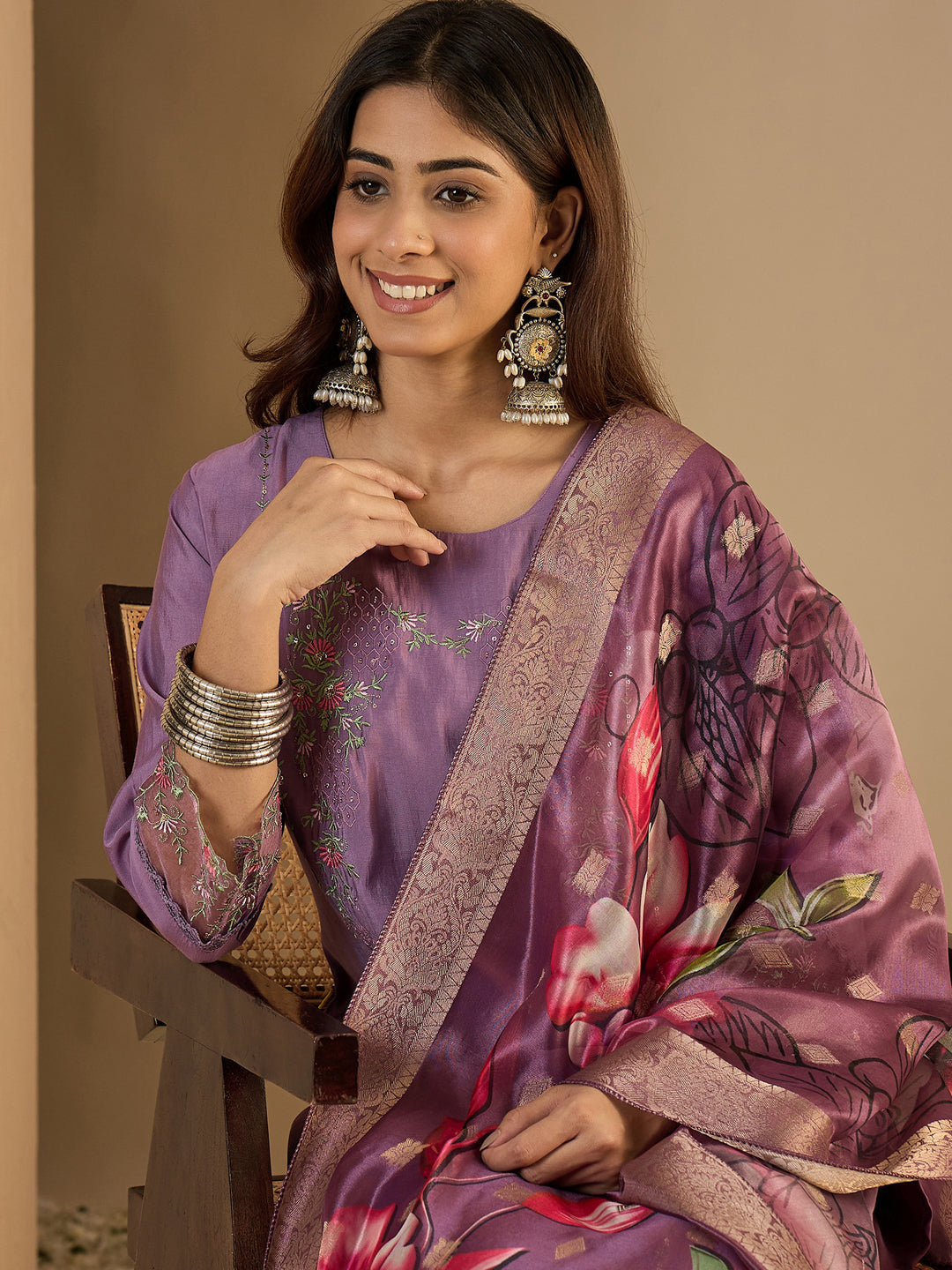 Braahmi Lavender Embroidery Straight Kurta Pant with Dupatta Suits - FitVibe Fashion
