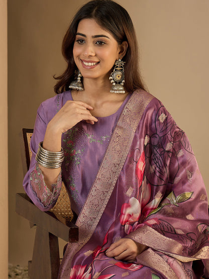 Braahmi Lavender Embroidery Straight Kurta Pant with Dupatta Suits - FitVibe Fashion