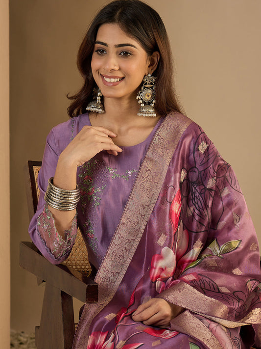 Braahmi Lavender Embroidery Straight Kurta Pant with Dupatta Suits - FitVibe Fashion