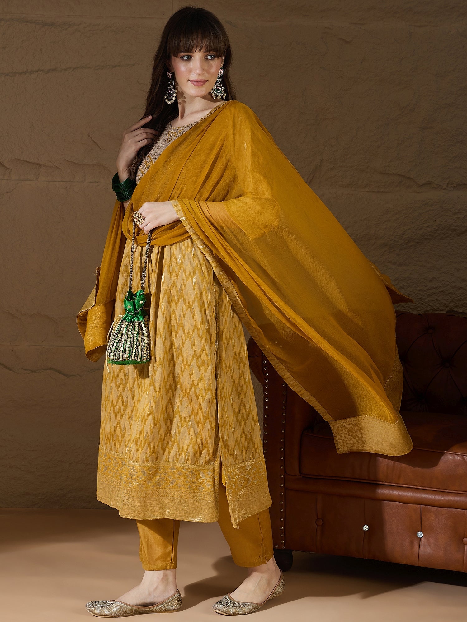 Saiyaara Mustard Cotton Silk Embellished Flared Suit Set - FitVibe Fashion