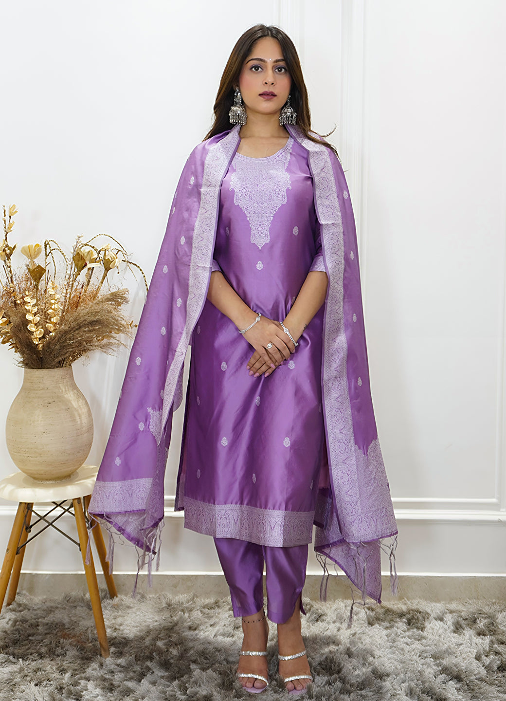 Vedhika Womens Embroidered Cotton Blend Kurta Pant Set with Banarasi Silk Dupatta Elegant Ethnic Wear - FitVibe Fashion