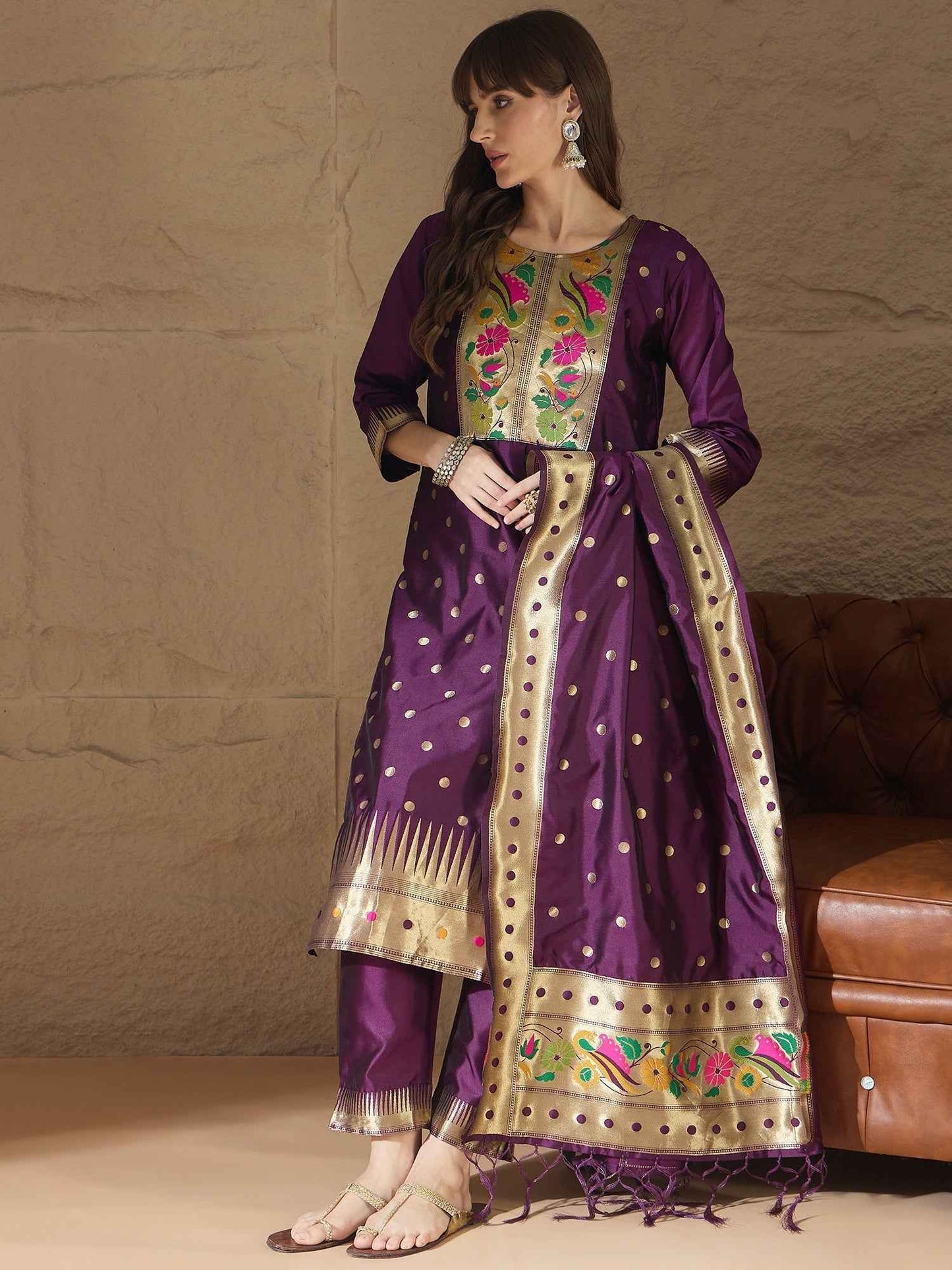 Aanira Purple Cotton Silk Jacquard Kurta Pant With Banarasi Silk dupatta