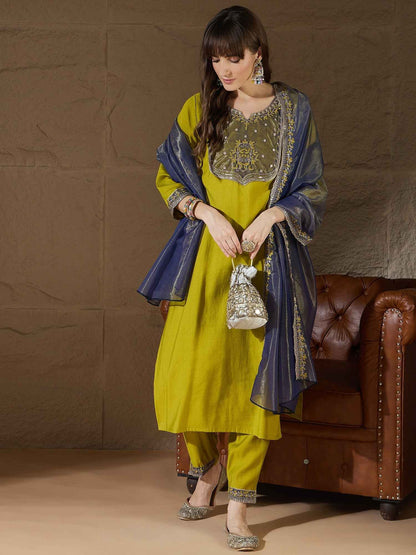 Andaz Mustard Women's Silk Blend Embroidered Kurta Pant with Dupatta Set