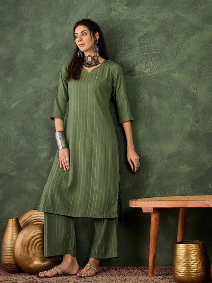 Samara Women's Office, Festive Wear Mehndi Straight Kurta & Pant, Co-ord Set - FitVibe Fashion