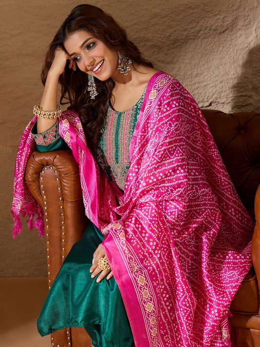 Devira Embroidered Silk Blend Calf Length Straight Kurta Trouser with Dupatta Set - FitVibe Fashion