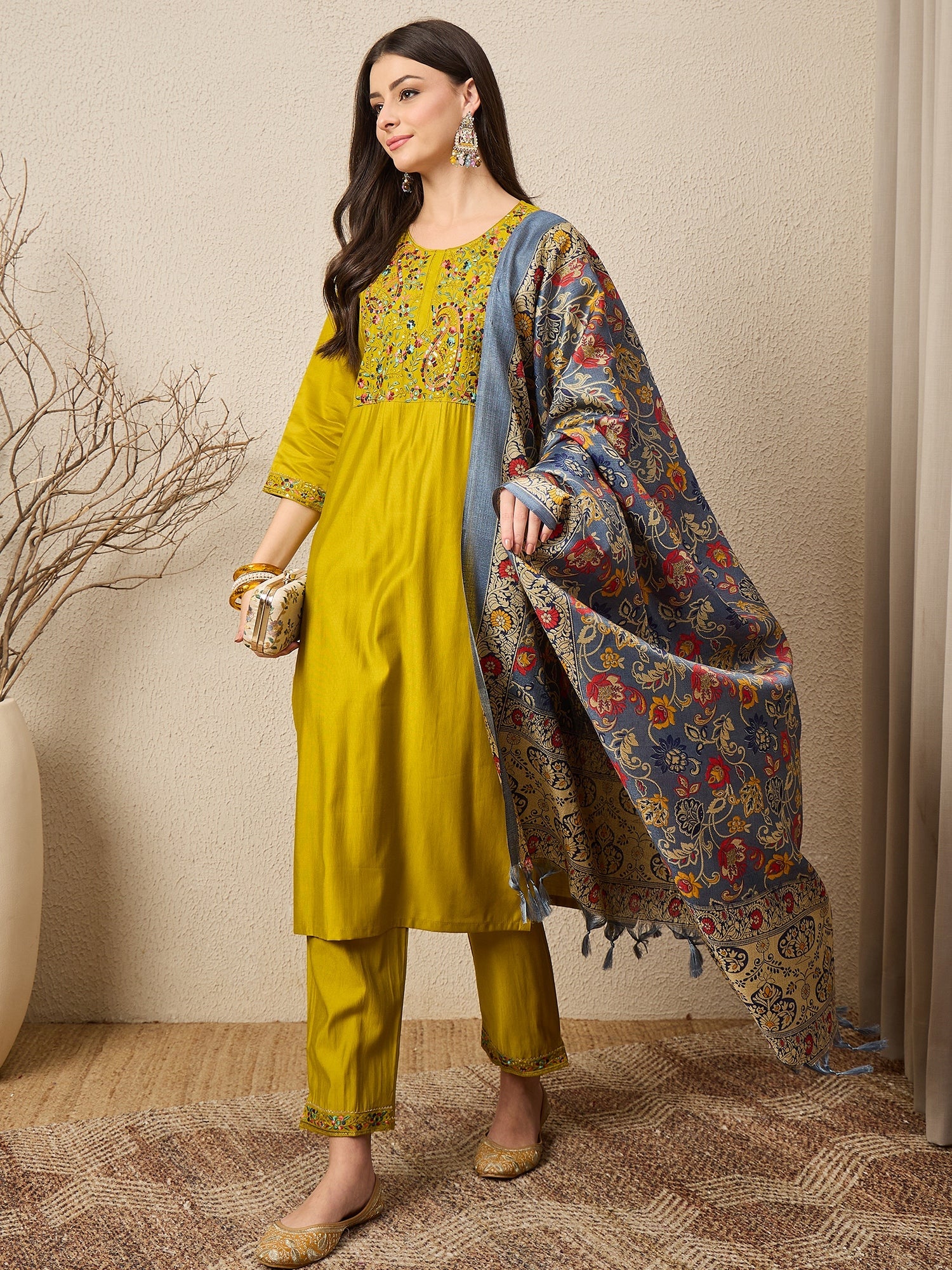 Satrangi Lemon Embroidered Viscose Rayon Straight Suit Set - FitVibe Fashion