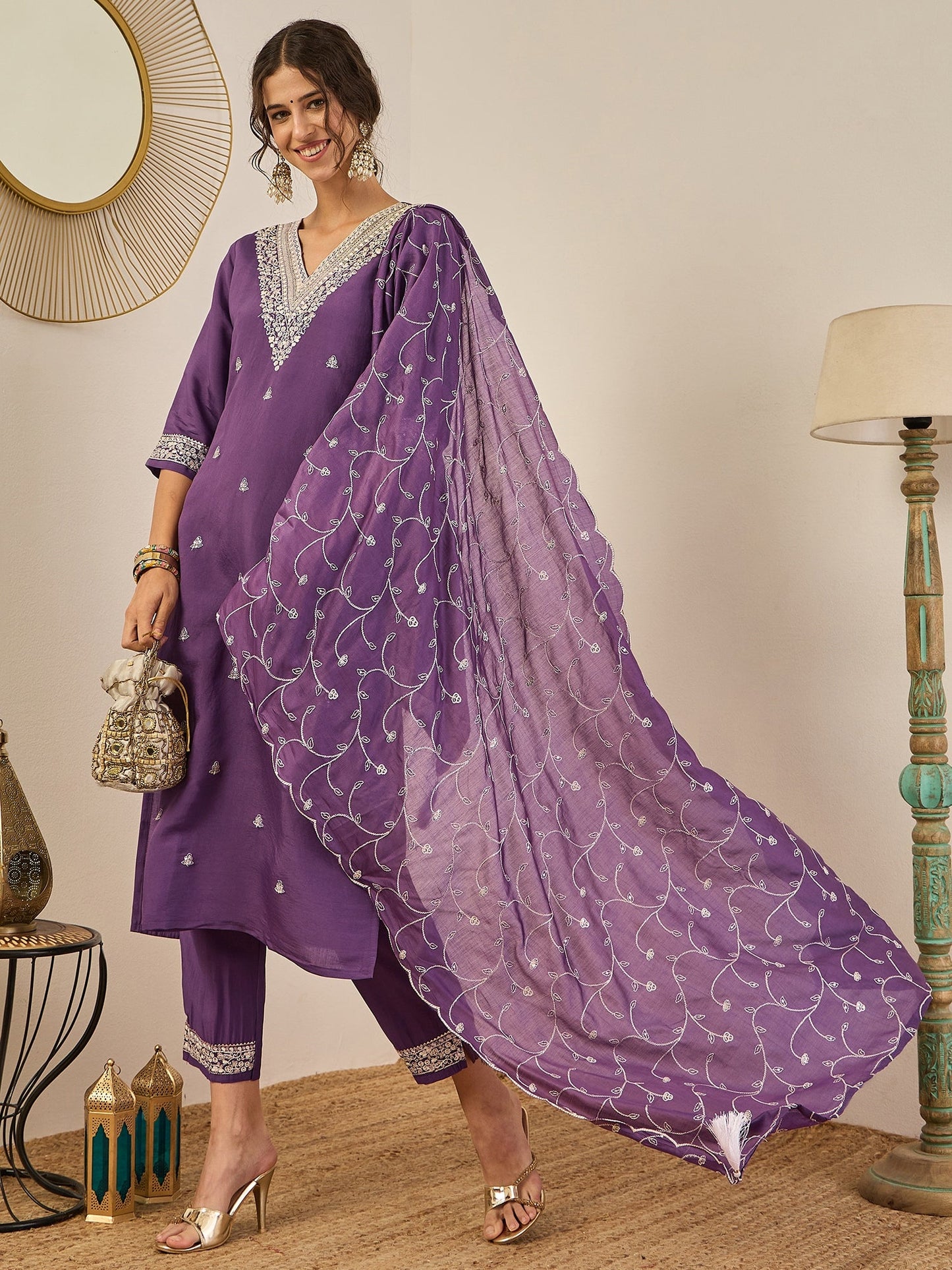 Gauri Elegant Silk Blend Kurta Set with Chanderi Dupatta Ready to Wear Embroidered Party Wear Outfit - FitVibe Fashion