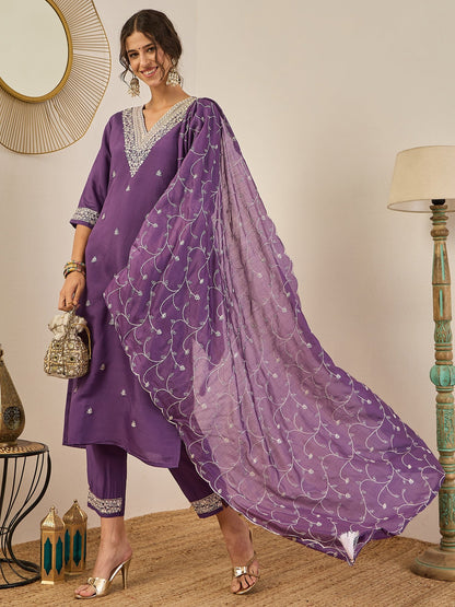 Gauri Elegant Silk Blend Kurta Set with Chanderi Dupatta Ready to Wear Embroidered Party Wear Outfit - FitVibe Fashion