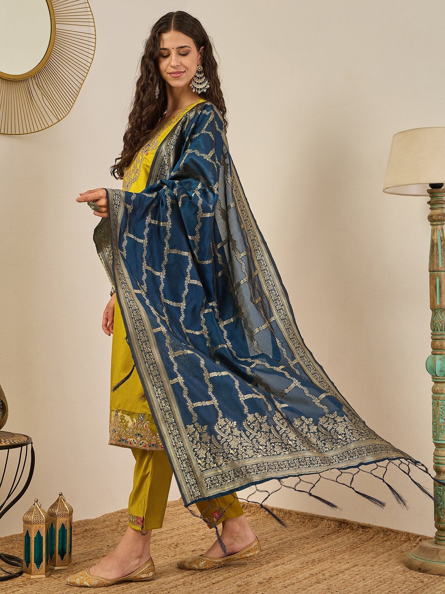 Vedhika Elegant Embroidered Kurta Set for Women Viscose Rayon Kurta with Pant and Banarasi Silk Dupatta - FitVibe Fashion