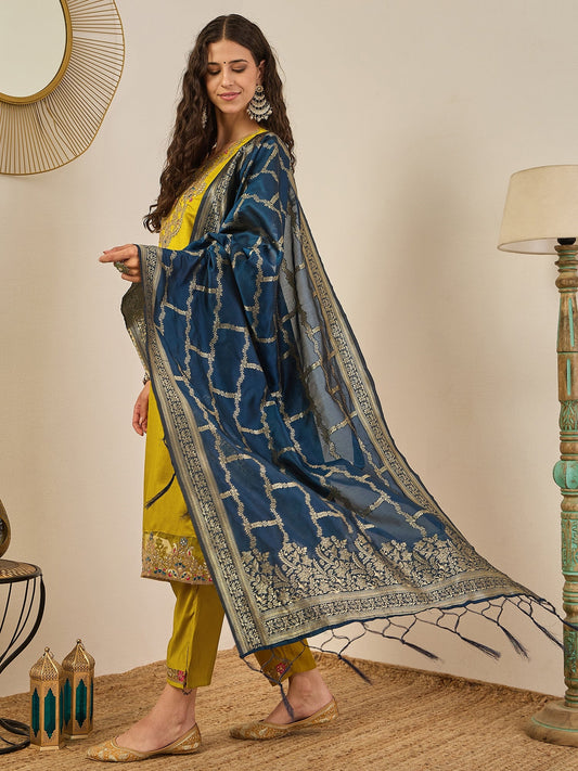 Vedhika Elegant Embroidered Kurta Set for Women Viscose Rayon Kurta with Pant and Banarasi Silk Dupatta - FitVibe Fashion