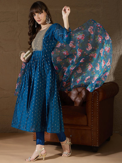 Neelangi Teal Women Kurta and Leggings Duppata Set Chanderi Modal Butti - FitVibe Fashion