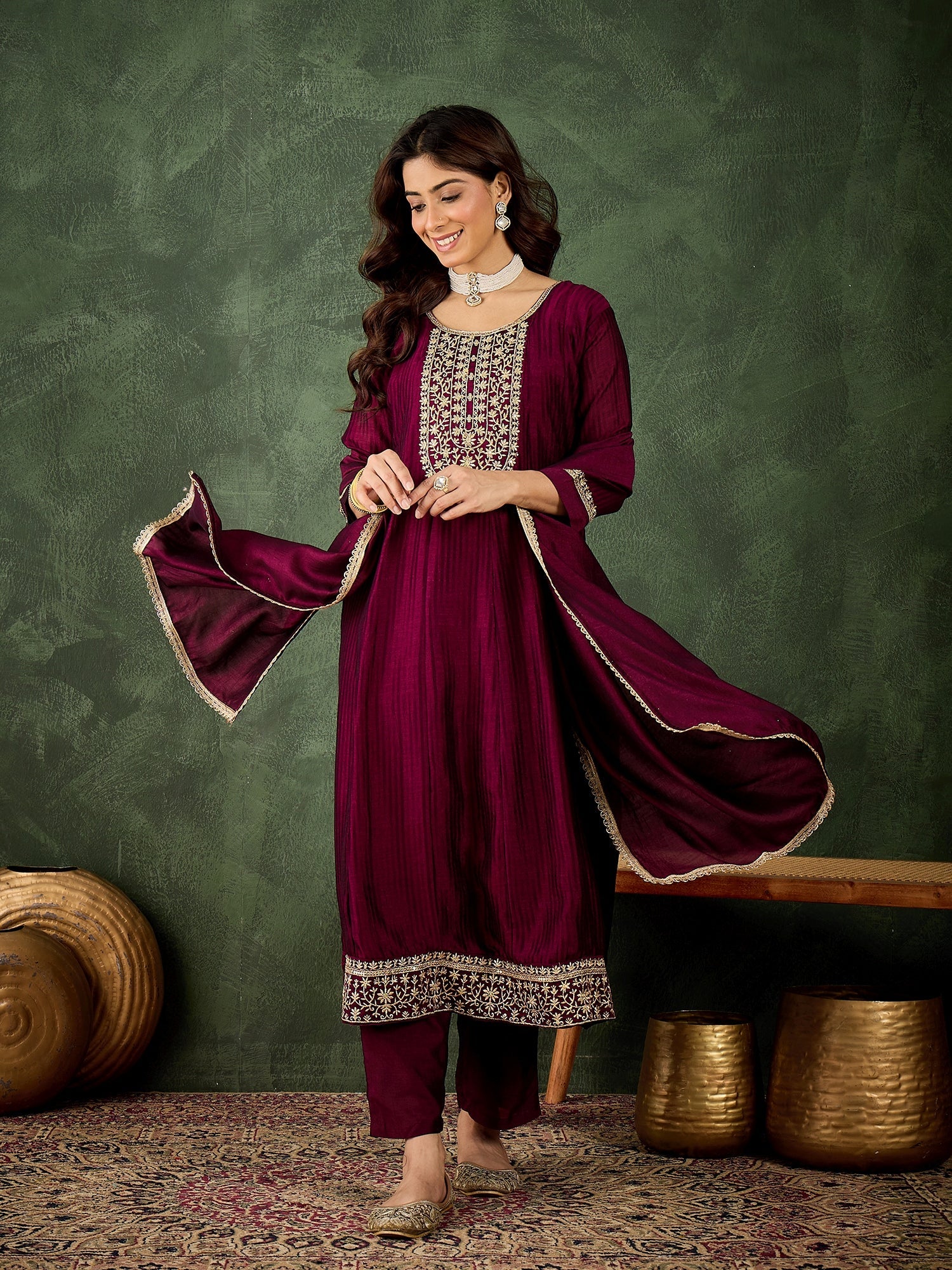 Ekaaya Women's Embroidered Silk Blend Anarkali Kurta Pant With Dupatta Set - FitVibe Fashion