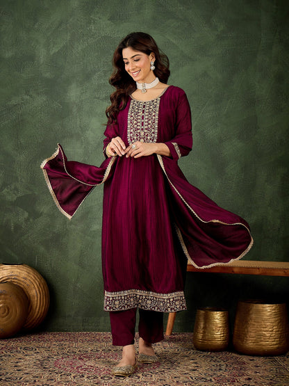 Ekaaya Women's Embroidered Silk Blend Anarkali Kurta Pant With Dupatta Set - FitVibe Fashion