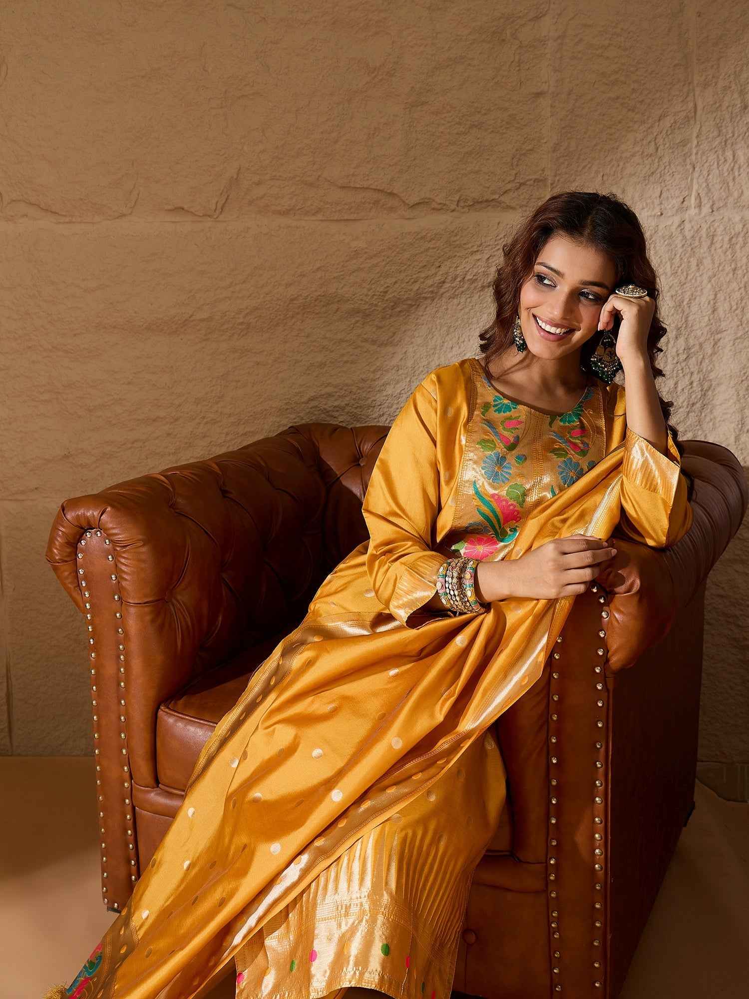 Aanira Yellow Cotton Silk Jacquard Kurta Pant With Banarasi Silk dupatta